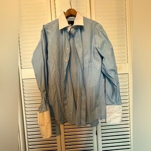Fubu, long sleeve blue and white button up collared shirt, size 17 34/35.